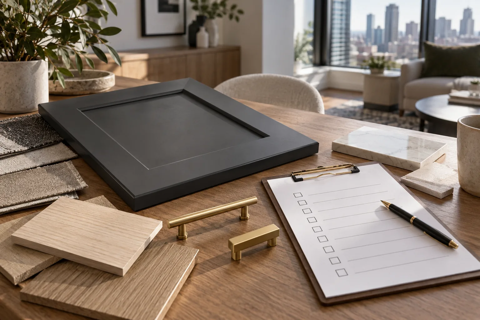 Charcoal cabinet door, oak and stone finish samples, brass pulls and a blank checklist