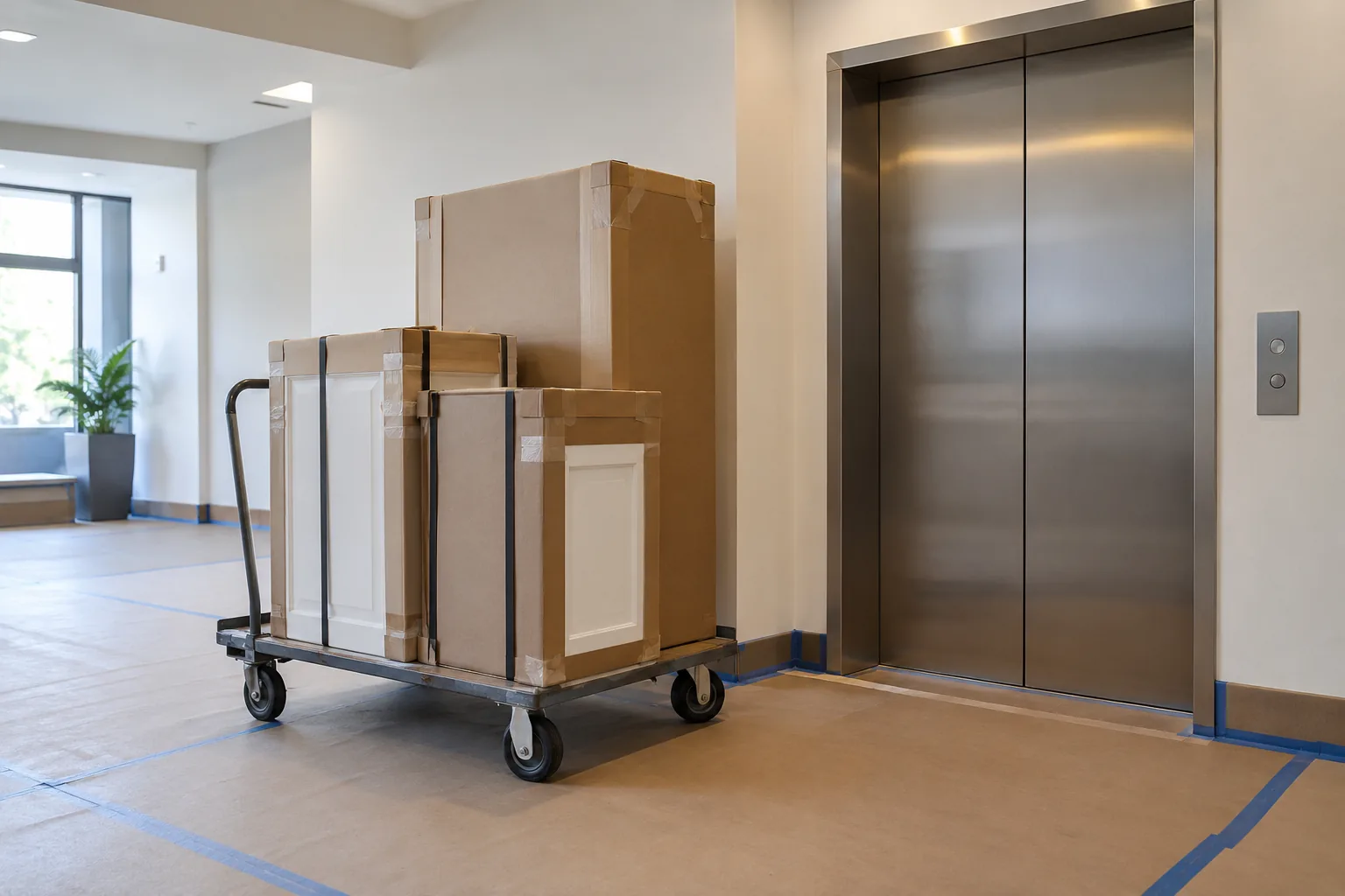 Protected cabinet fronts and cartons on a low cart beside a closed elevator